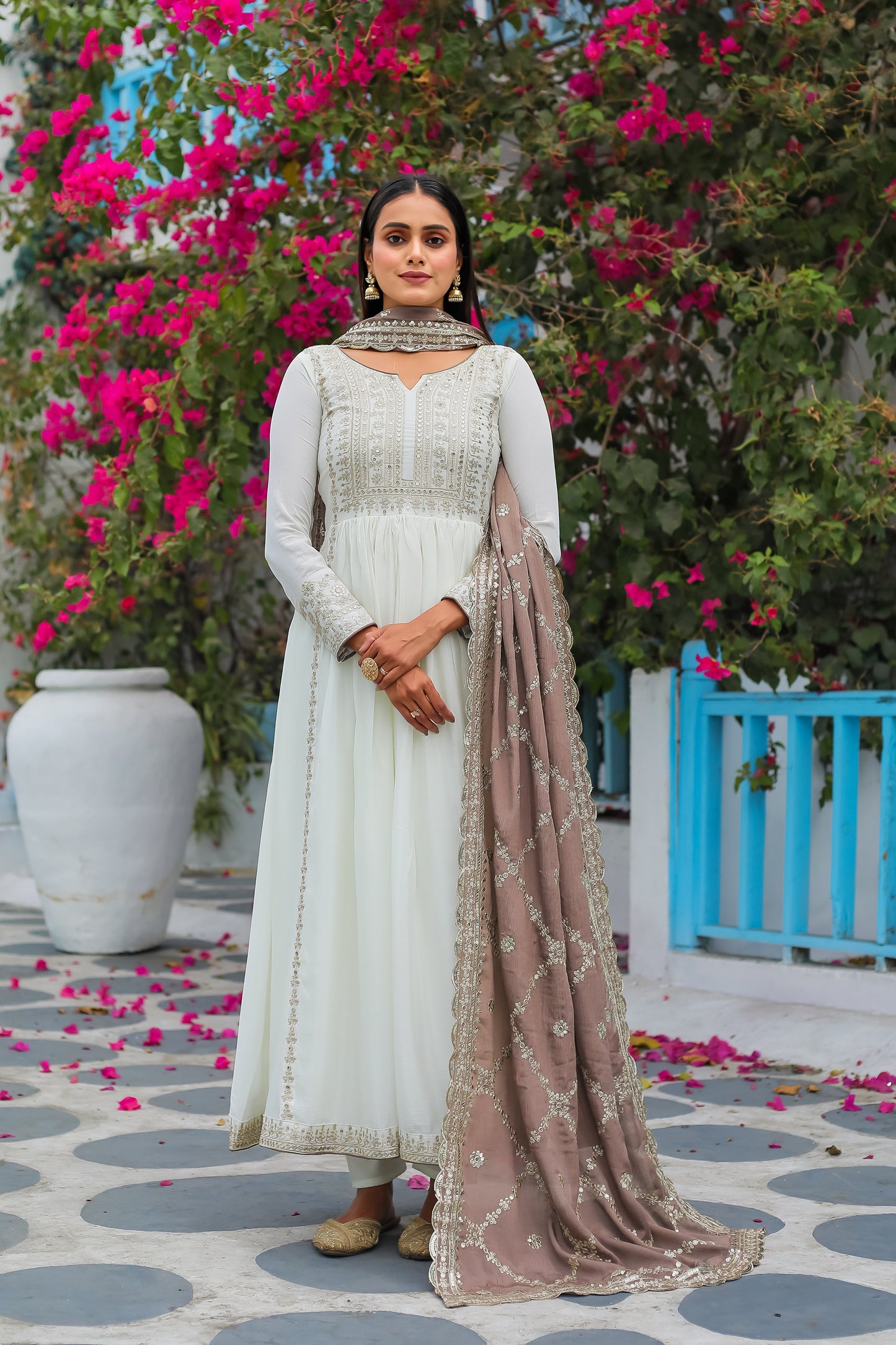 Magnificent Pure Chinon Silk Sequins Embroidered Anarkali Pant Suit - Ethnicwish