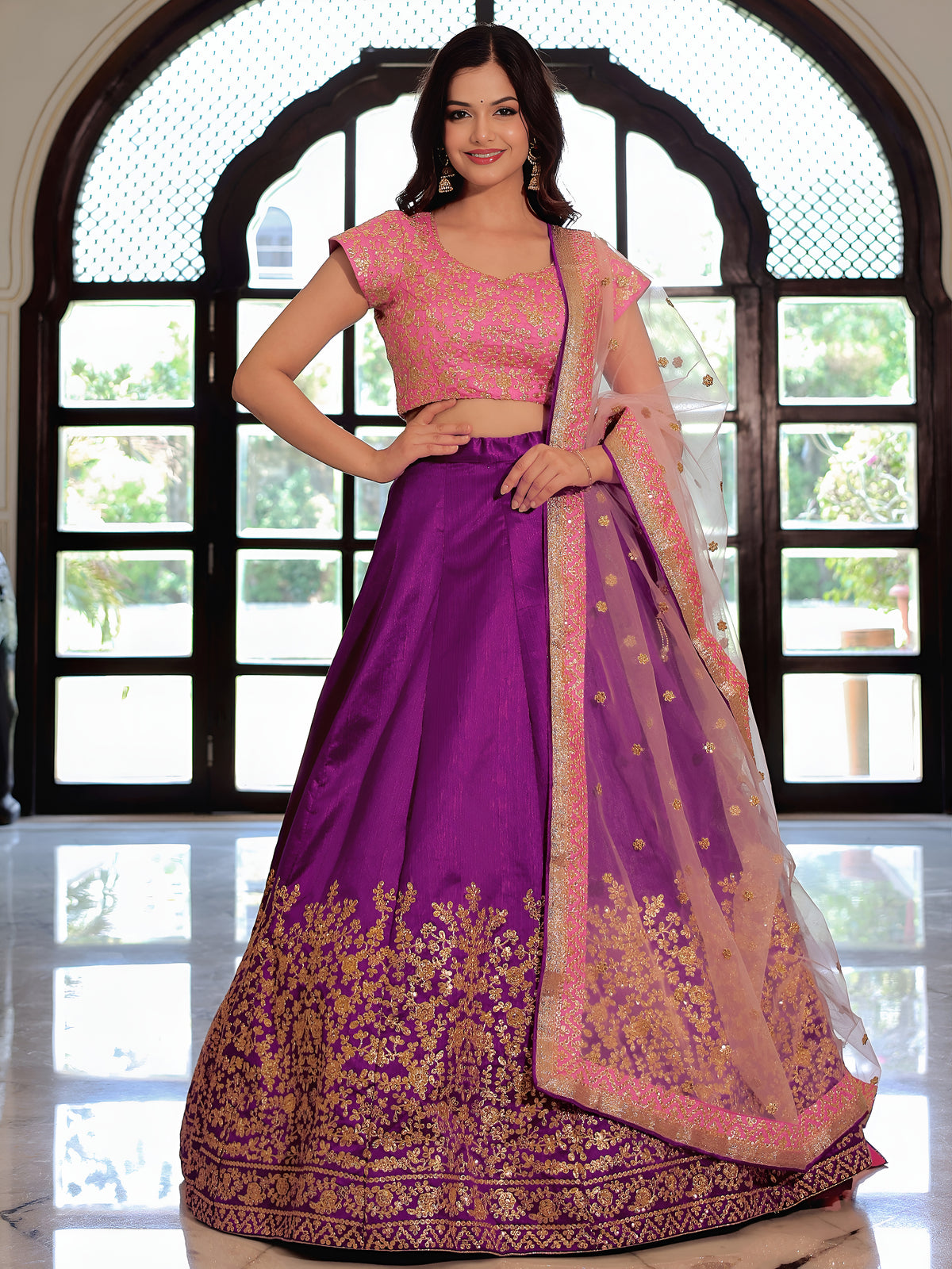 Purple Silk Lehenga Choli with Pink Embroidered Blouse & Dupatta