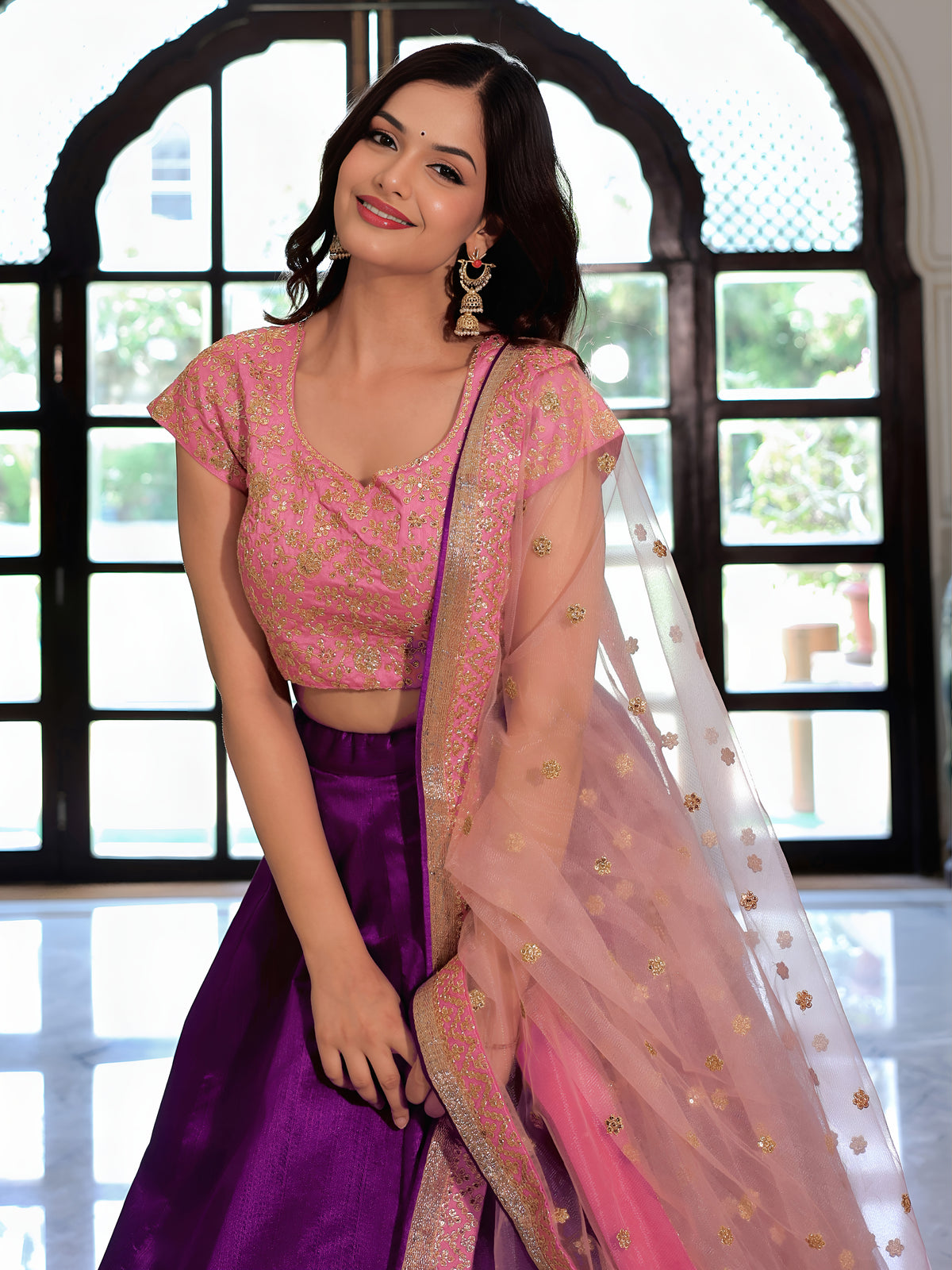 Purple Silk Lehenga Choli with Pink Embroidered Blouse & Dupatta