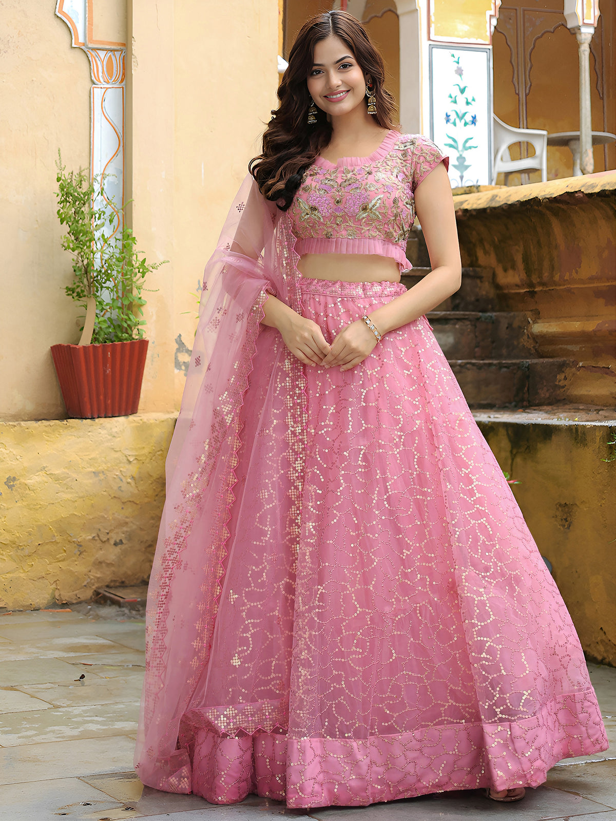 Pink Sequin Embroidered Lehenga Choli with Dupatta