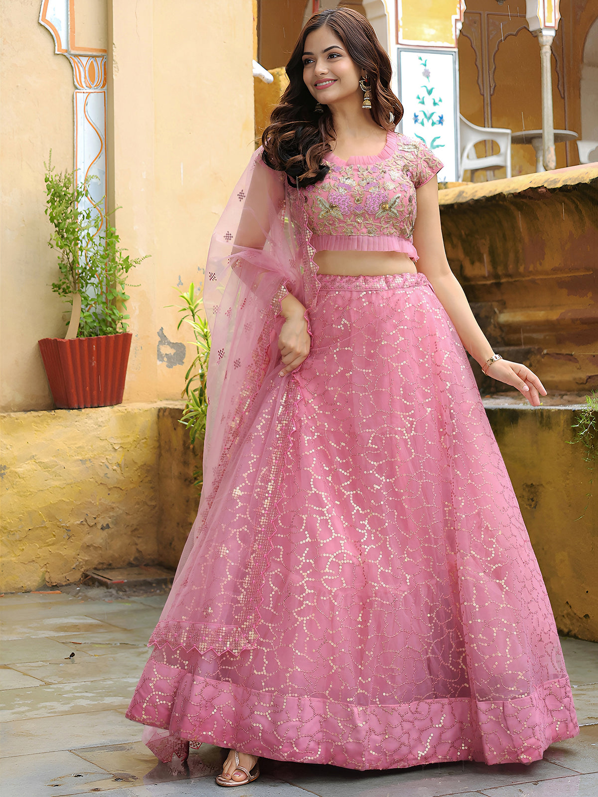 Pink Sequin Embroidered Lehenga Choli with Dupatta