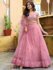 Pink Sequin Embroidered Lehenga Choli with Dupatta