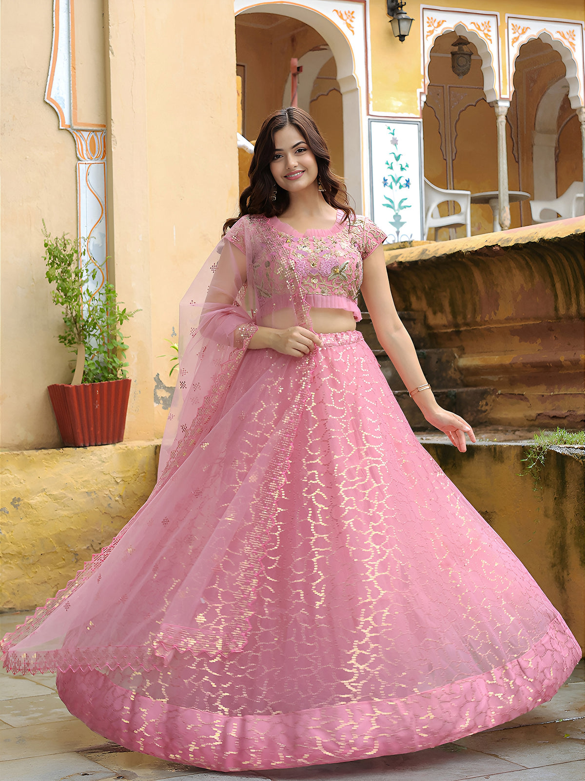 Pink Sequin Embroidered Lehenga Choli with Dupatta