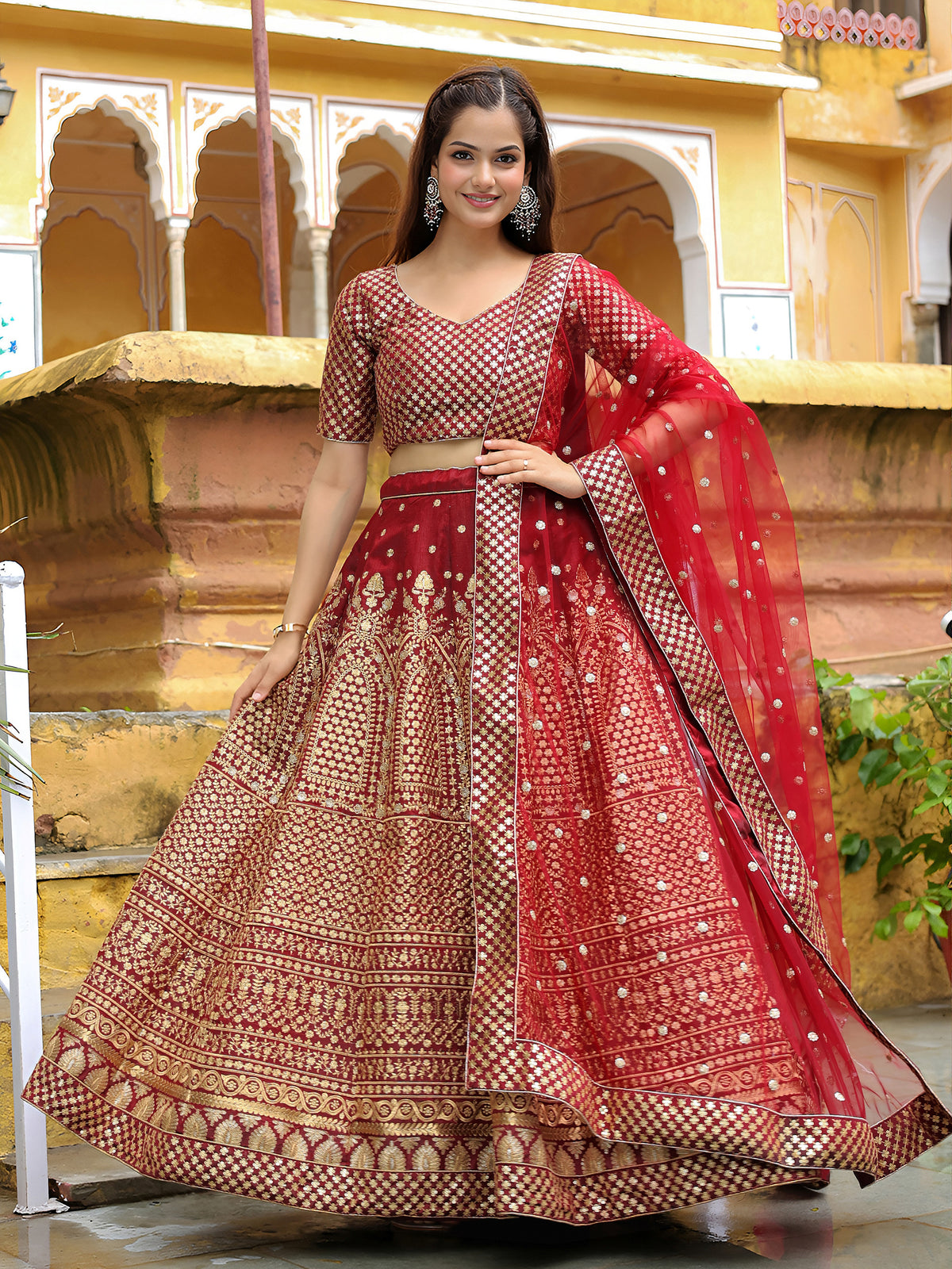 Maroon Gold Embroidered Bridal Lehenga Choli with Dupatta