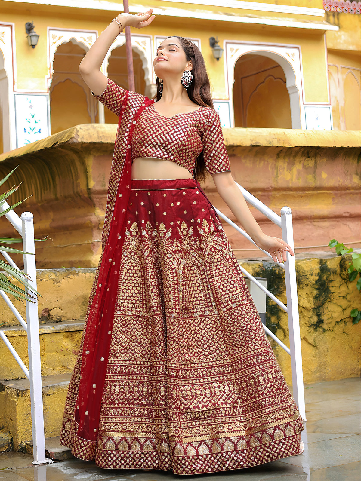 Maroon Gold Embroidered Bridal Lehenga Choli with Dupatta