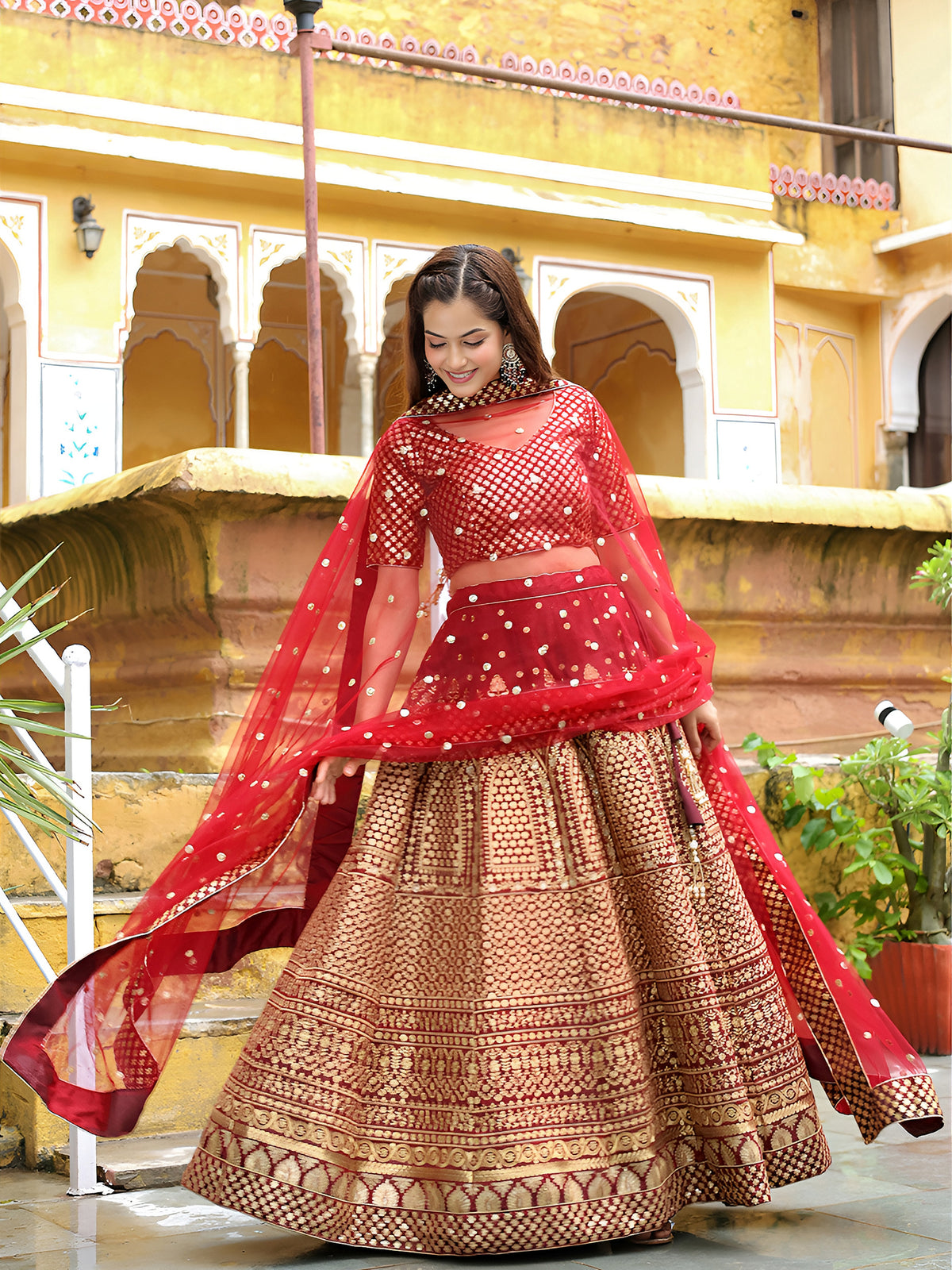 Maroon Gold Embroidered Bridal Lehenga Choli with Dupatta