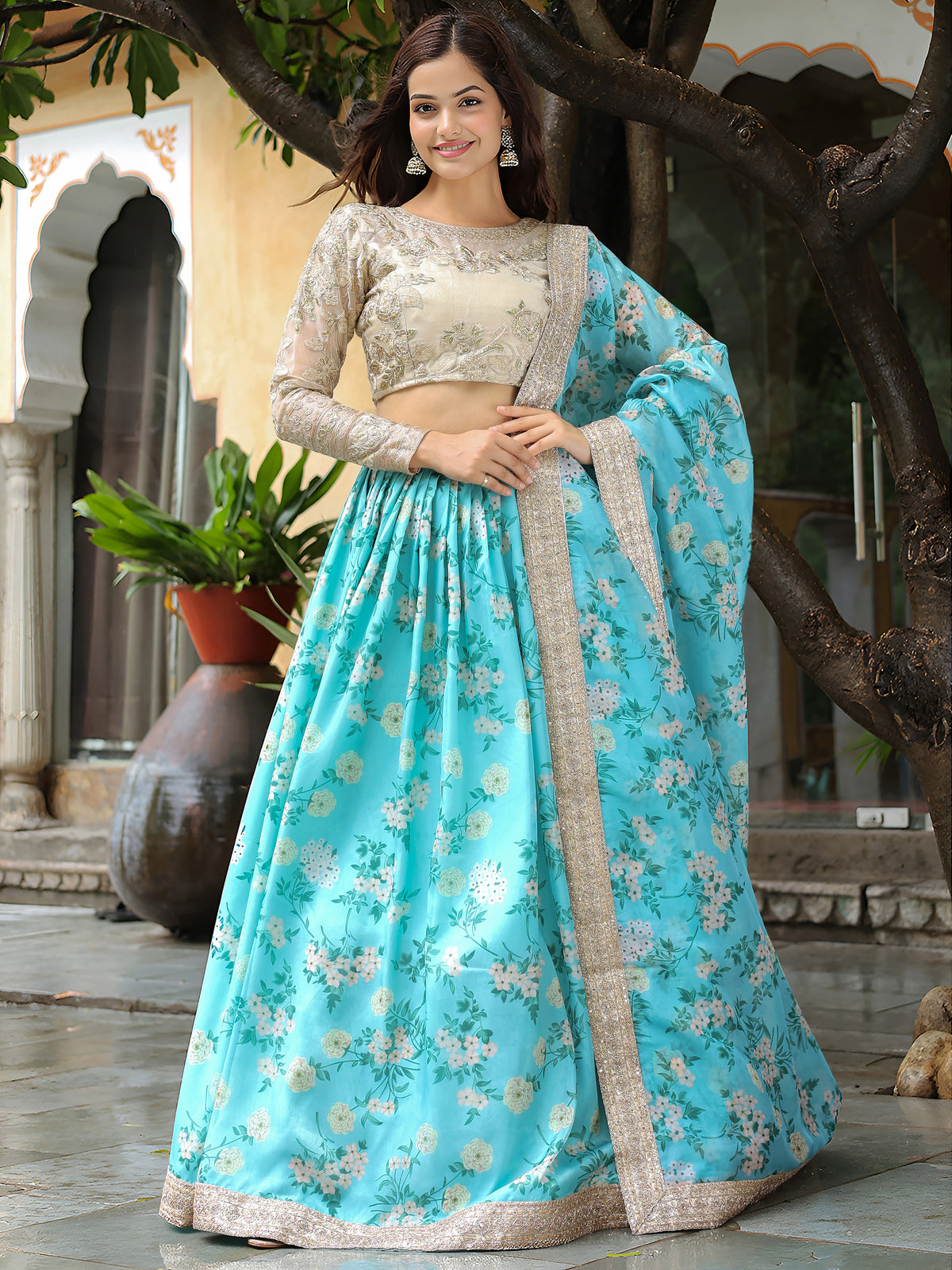 Sky Blue Floral Lehenga Choli with Dupatta