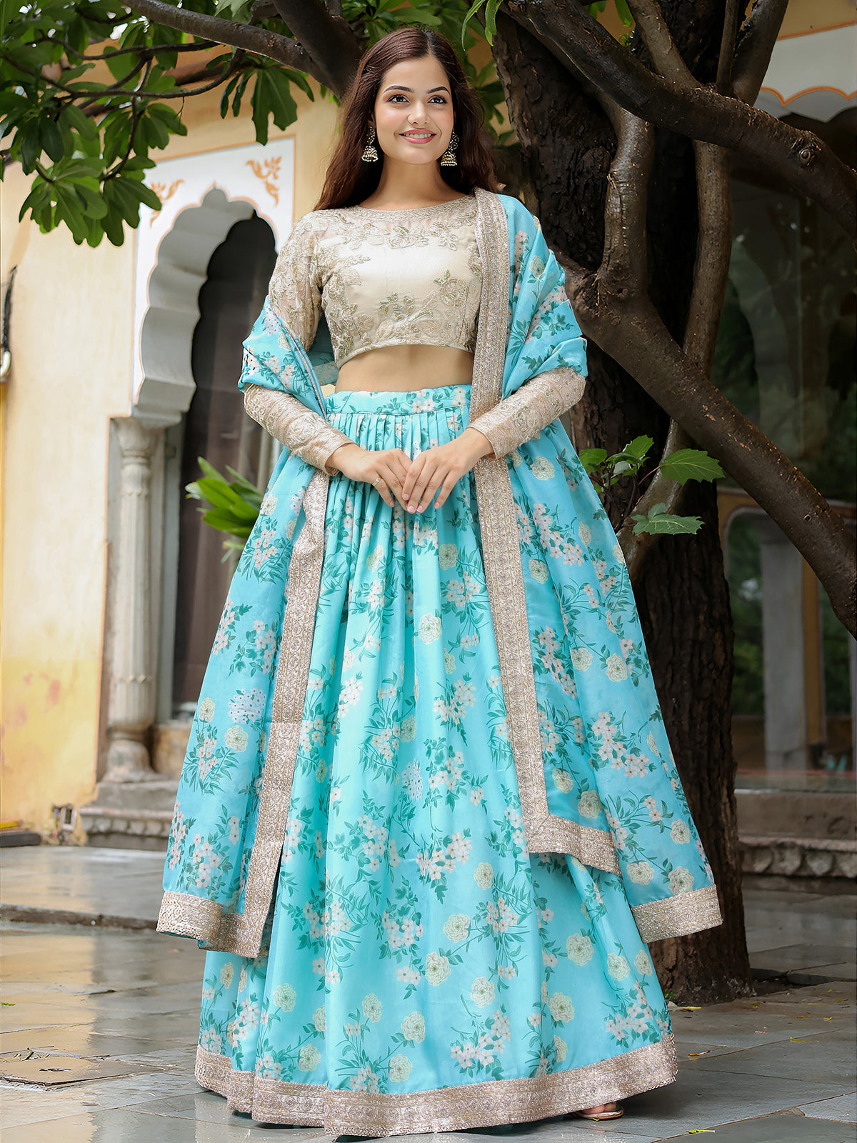 Sky Blue Floral Lehenga Choli with Dupatta