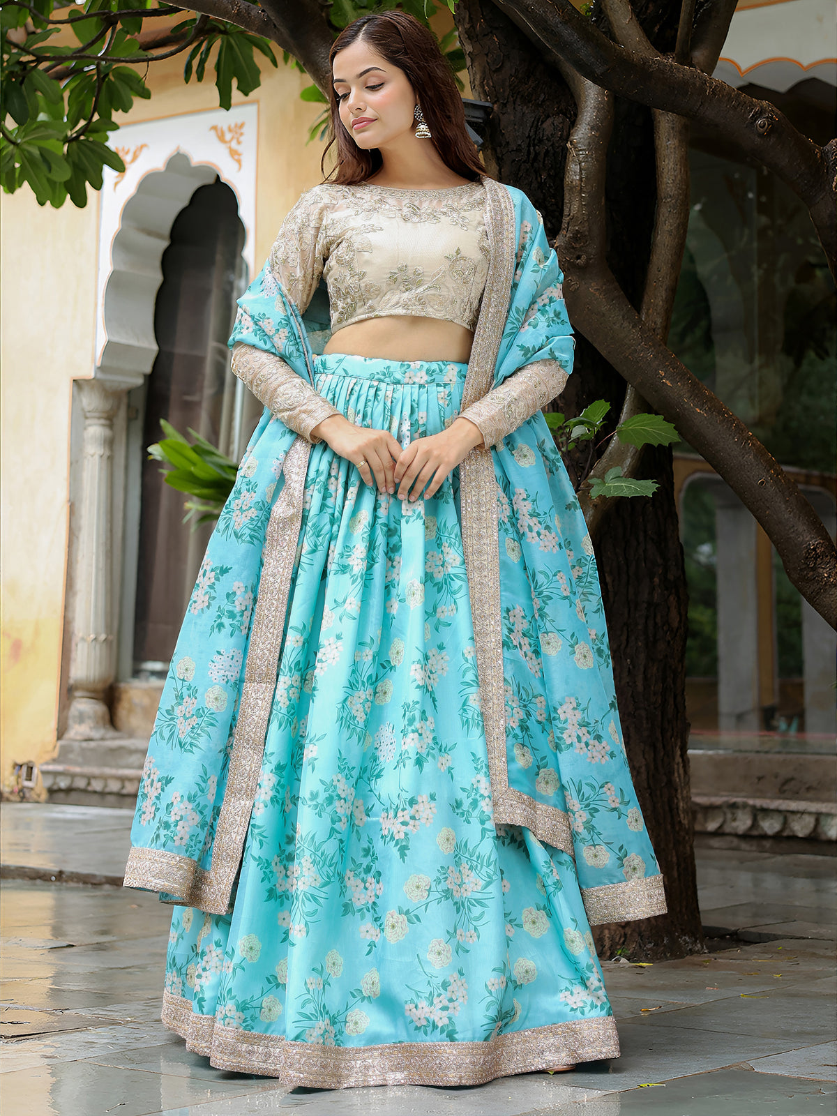 Sky Blue Floral Lehenga Choli with Dupatta