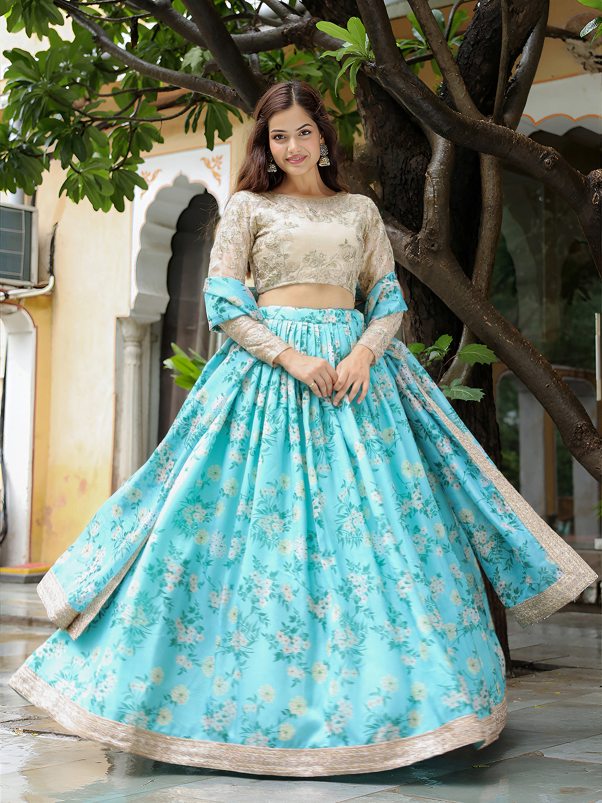 Sky Blue Floral Lehenga Choli with Dupatta