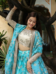 Sky Blue Floral Lehenga Choli with Dupatta