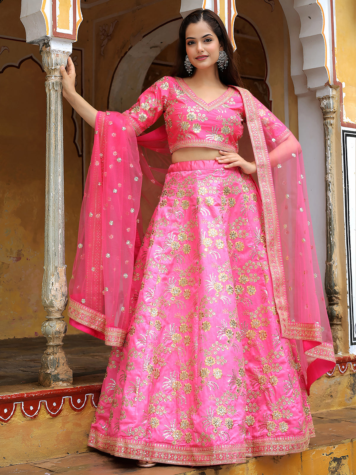 Pink Floral Embroidered Lehenga Choli with Dupatta