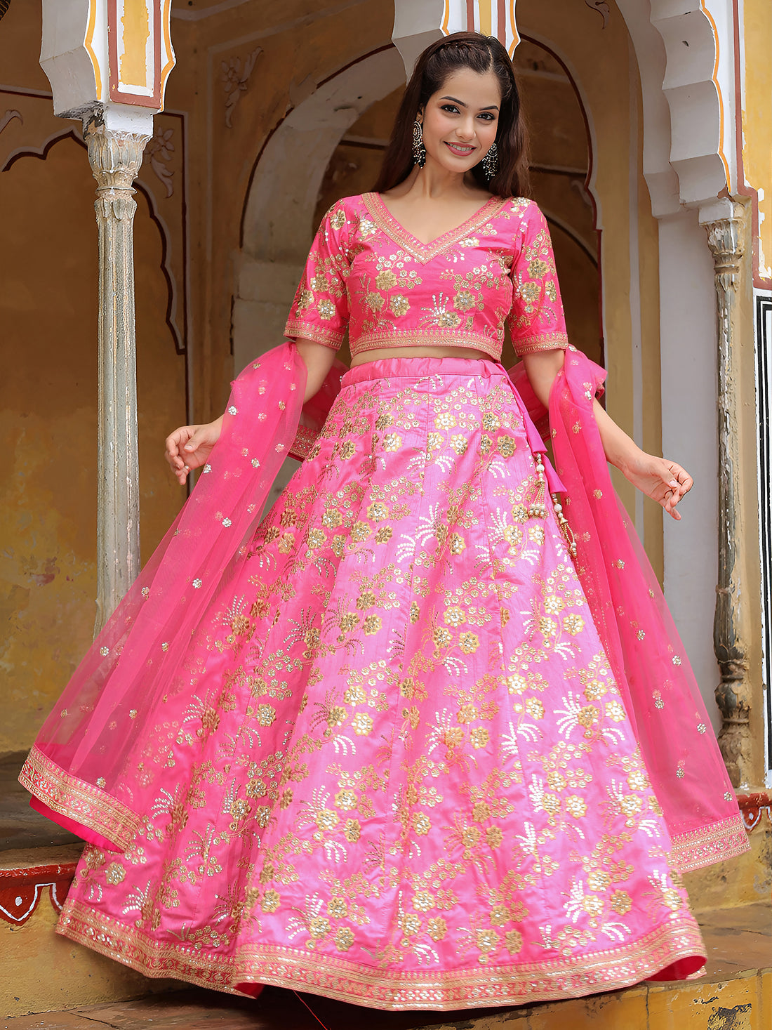 Pink Floral Embroidered Lehenga Choli with Dupatta