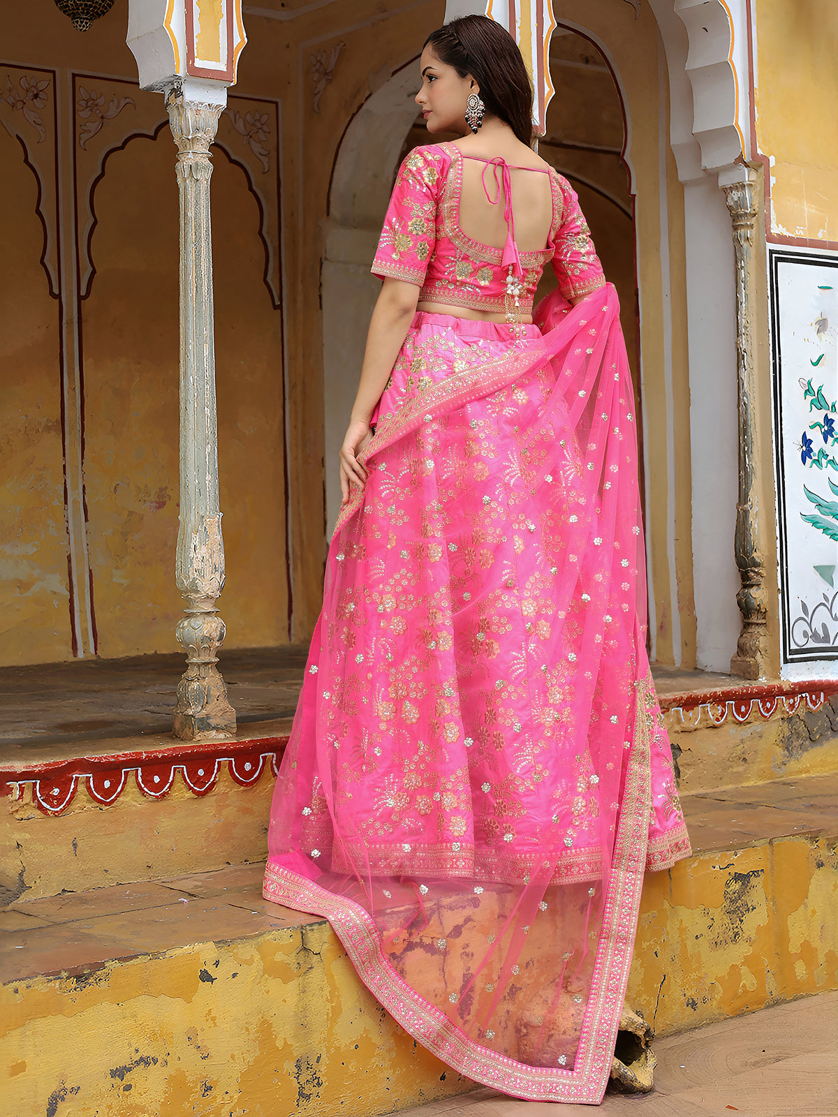 Pink Floral Embroidered Lehenga Choli with Dupatta