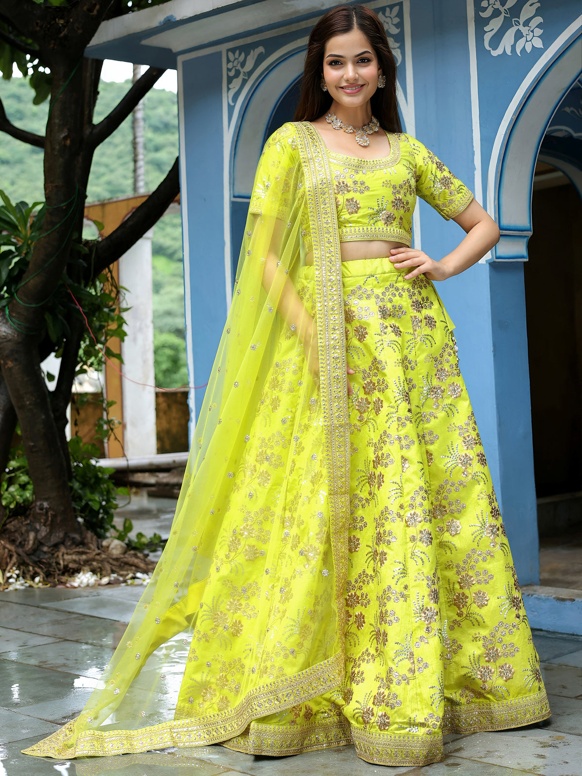 Neon Green Embroidered Lehenga Choli with Dupatta