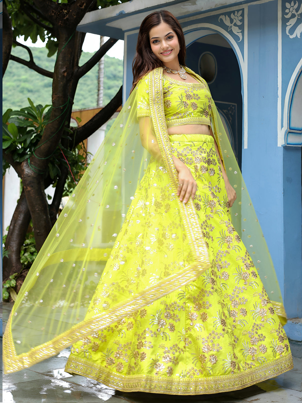 Neon Green Embroidered Lehenga Choli with Dupatta