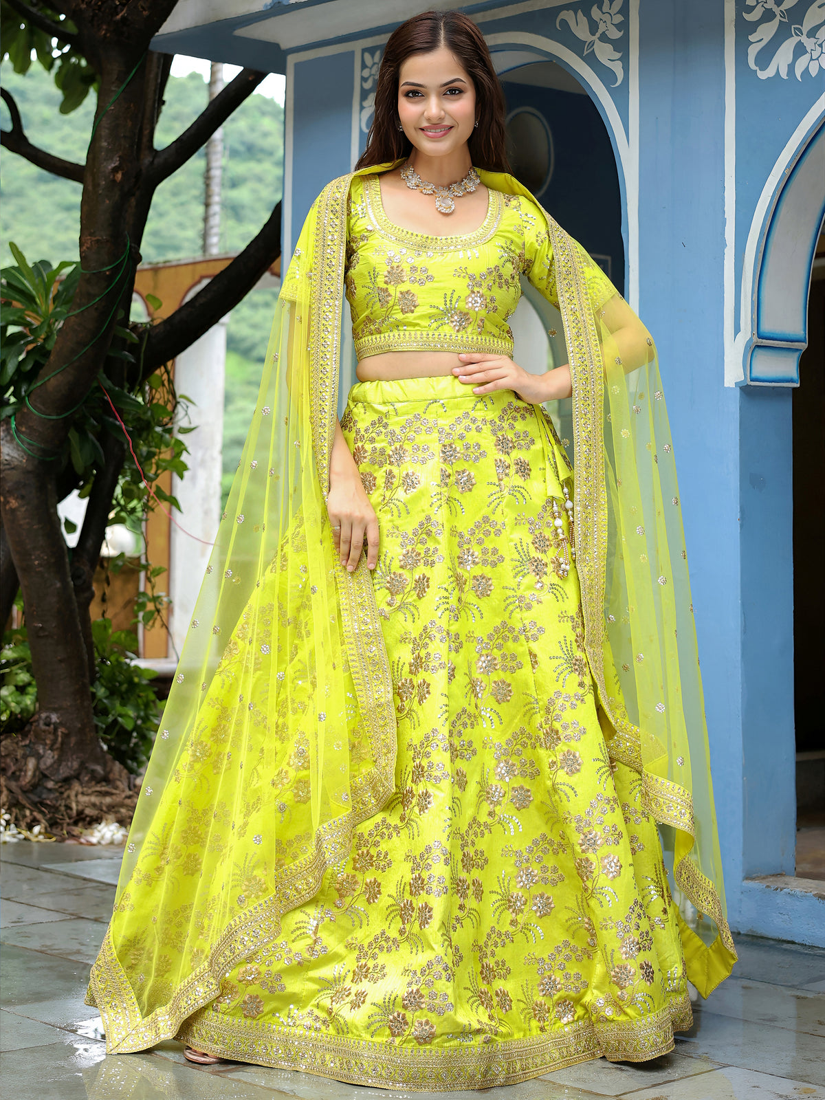 Neon Green Embroidered Lehenga Choli with Dupatta