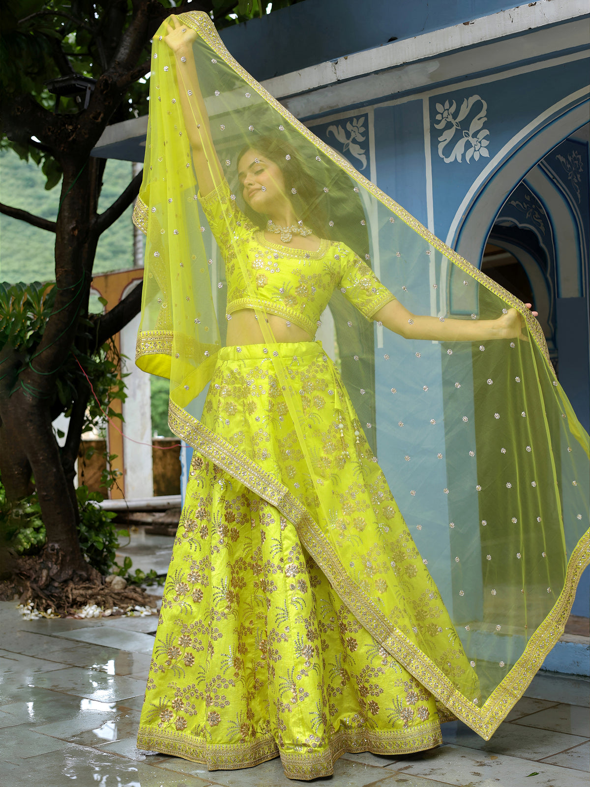 Neon Green Embroidered Lehenga Choli with Dupatta