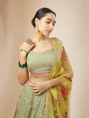 PISTA Green Floral Embroidered Lehenga Choli with Yellow Dupatta
