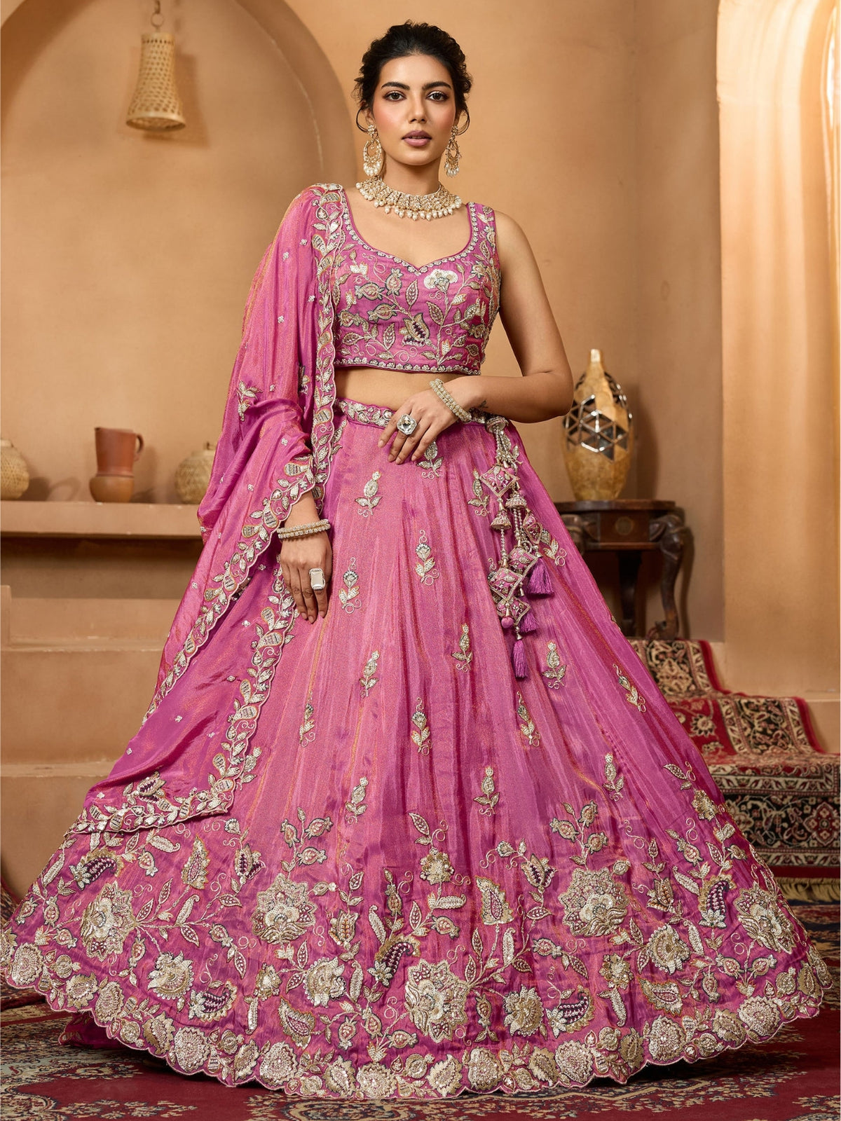 ROYAL RANI PINK PURE TISSUE LEHENGA SET