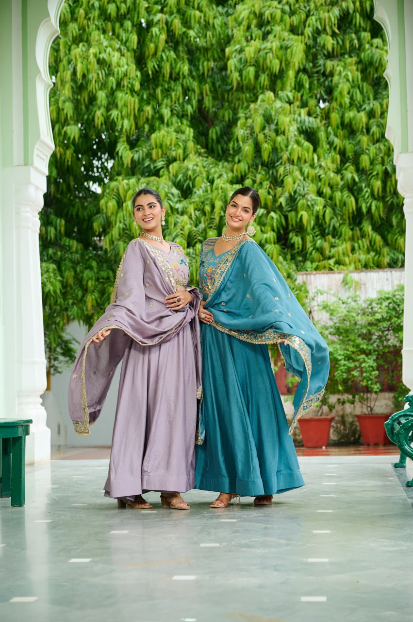 Graceful Sequins & Zari Embroidered Vichitra Silk Gown