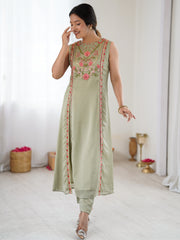 Green Embroidered Straight Kurta Set with Pink Floral Work