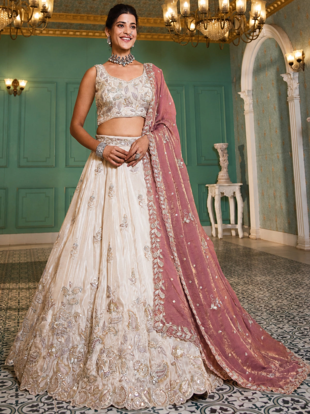 Ivory Gold Embroidered Bridal Lehenga Choli with Dusty Rose Dupatta