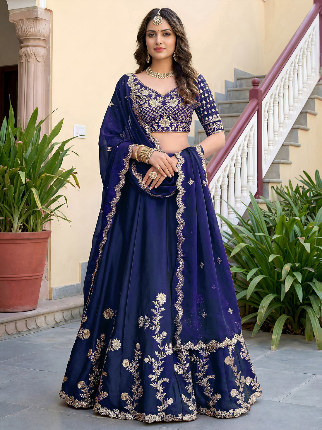 Elegant Navy Blue Gold Embroidered Bridal Lehenga Choli