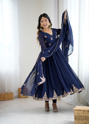 Navy Blue Anarkali Suit with Golden Embroidered Border and Dupatta