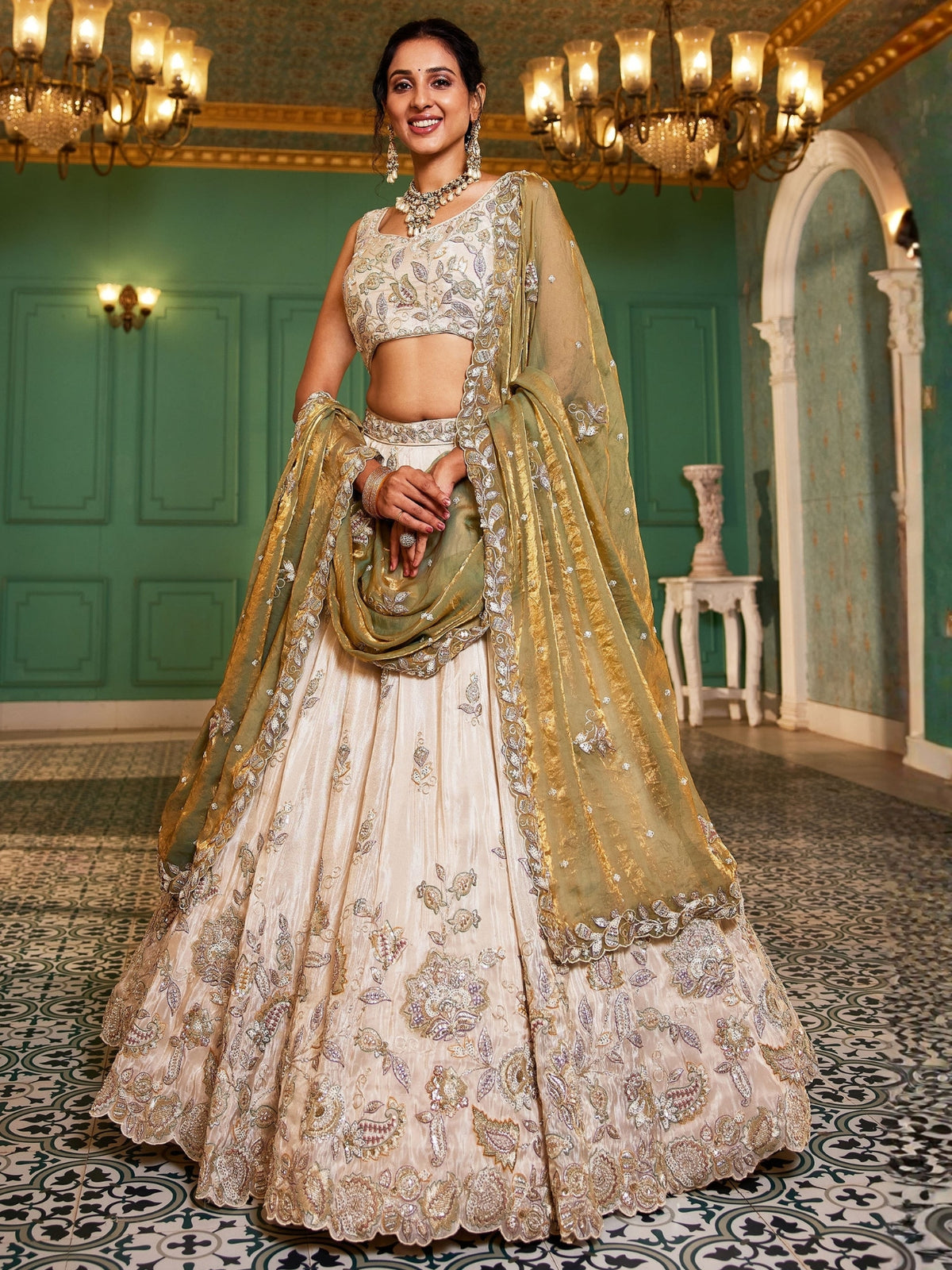 Ivory Gold Embroidered Bridal Lehenga Choli with Olive Green Dupatta