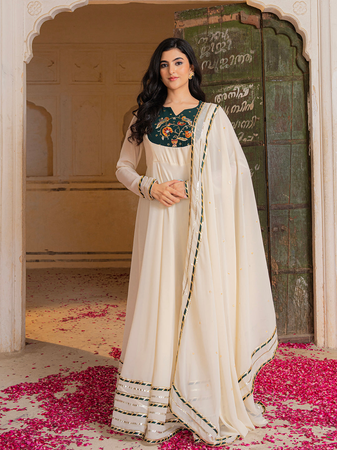 Ivory Georgette Embroidered Anarkali with Dupatta