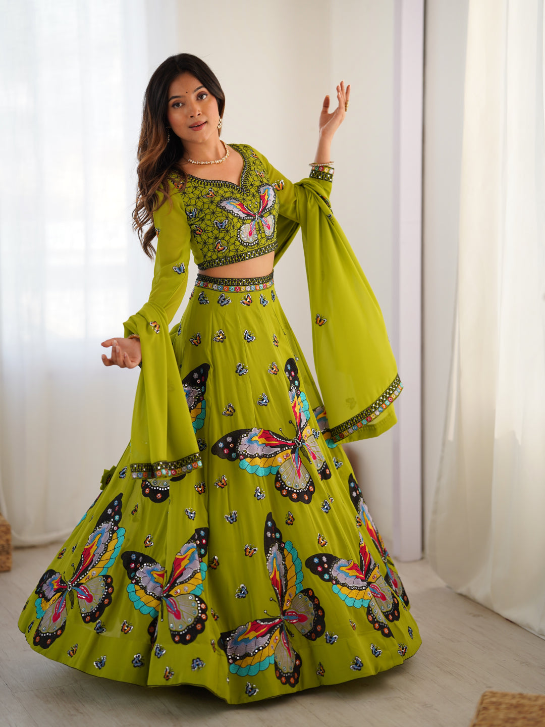 Olive Green Butterfly Print Embroidered Lehenga Choli Set