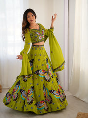 Olive Green Butterfly Print Embroidered Lehenga Choli Set