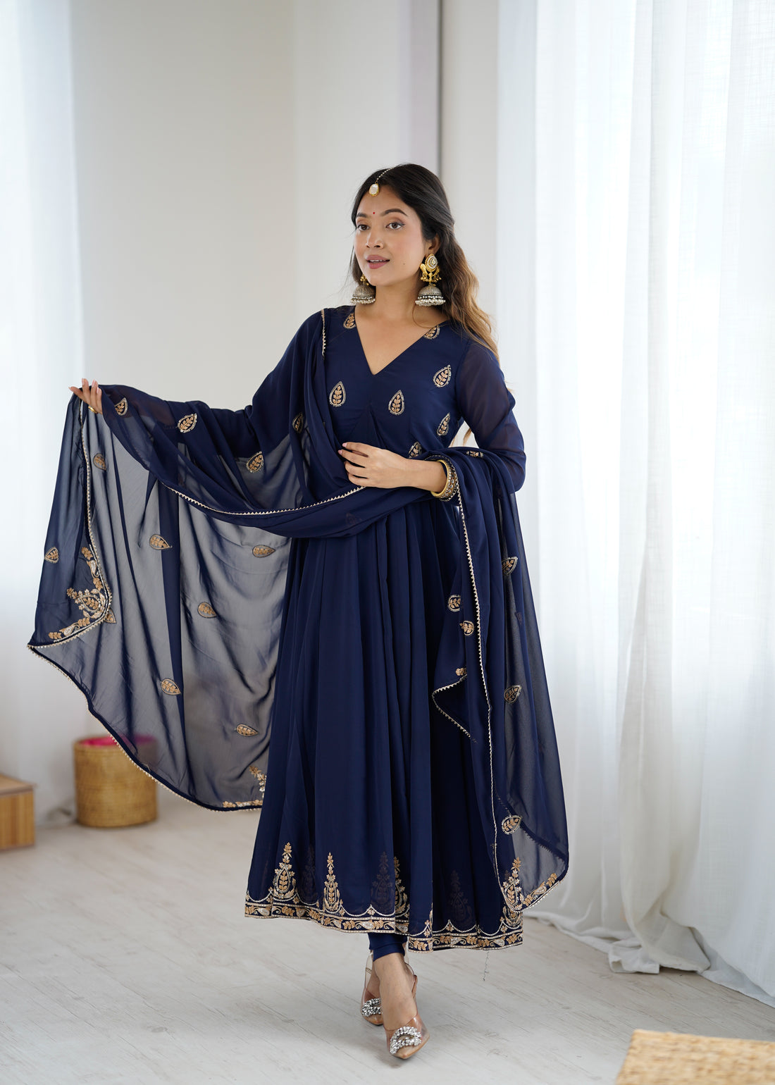 Navy Blue Anarkali Suit with Golden Embroidered Border and Dupatta