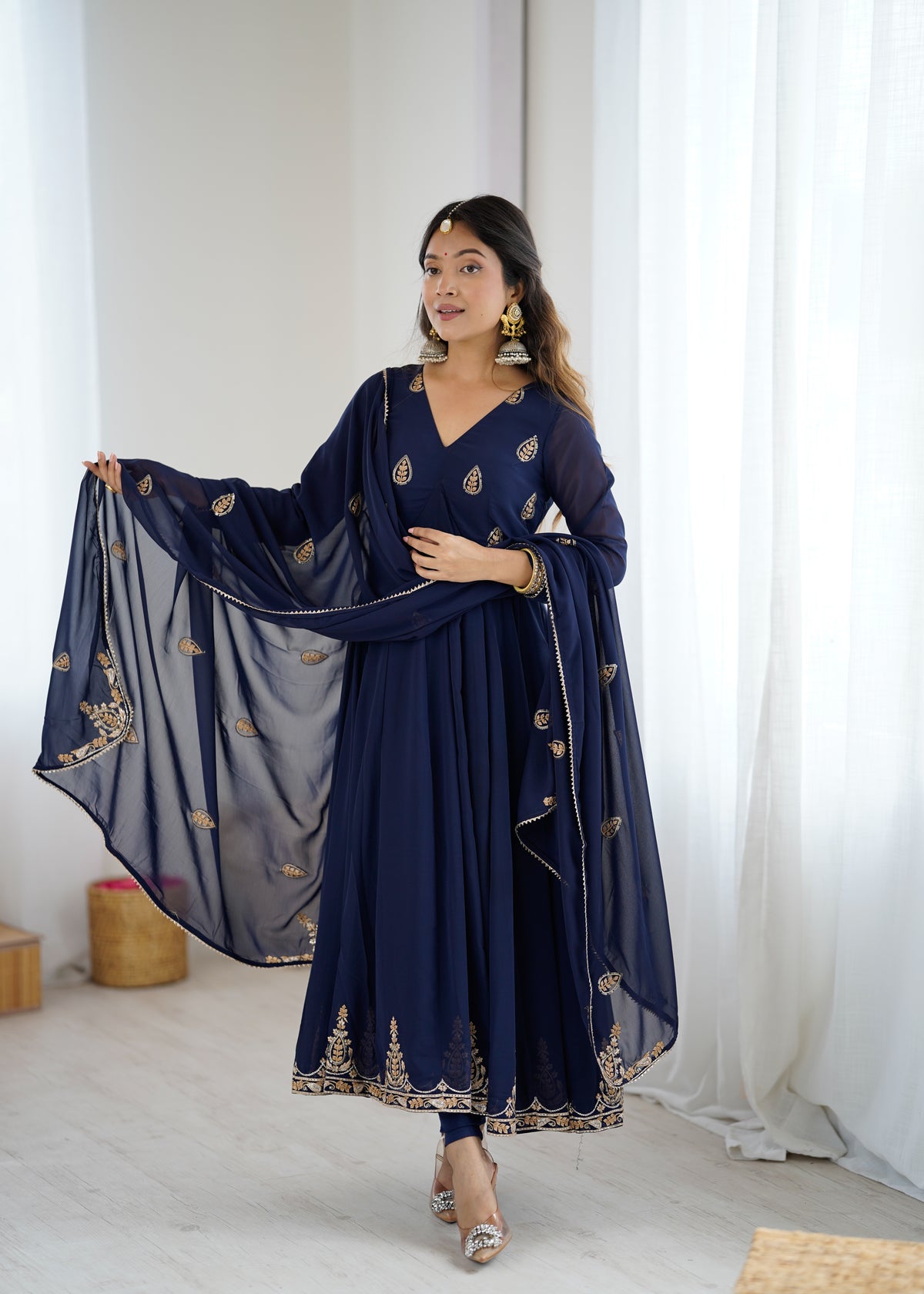 Navy Blue Anarkali Suit with Golden Embroidered Border and Dupatta