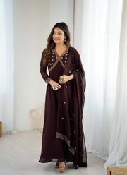 Dark Brown Embroidered Anarkali Suit with Dupatta for Women