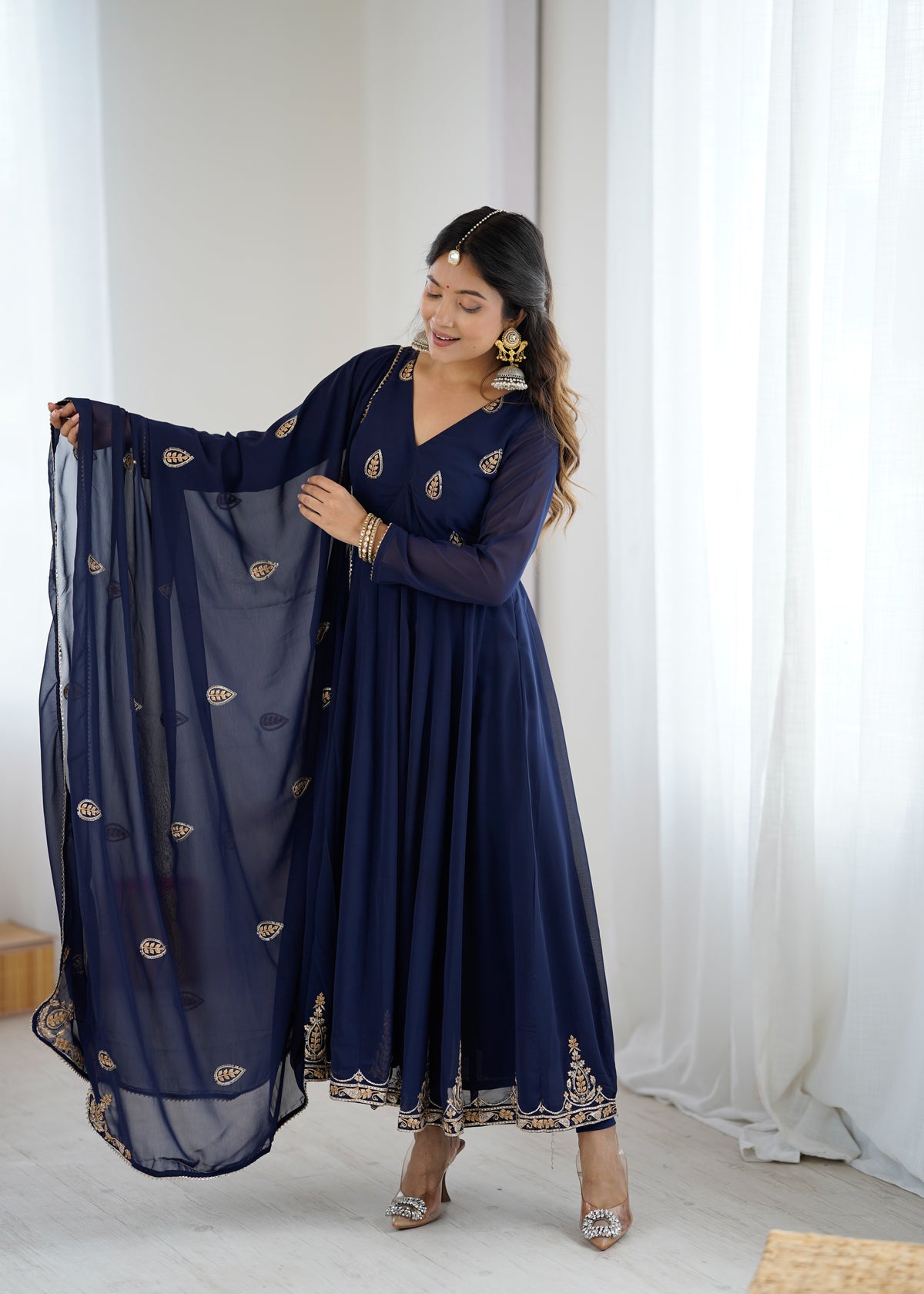 Navy Blue Anarkali Suit with Golden Embroidered Border and Dupatta