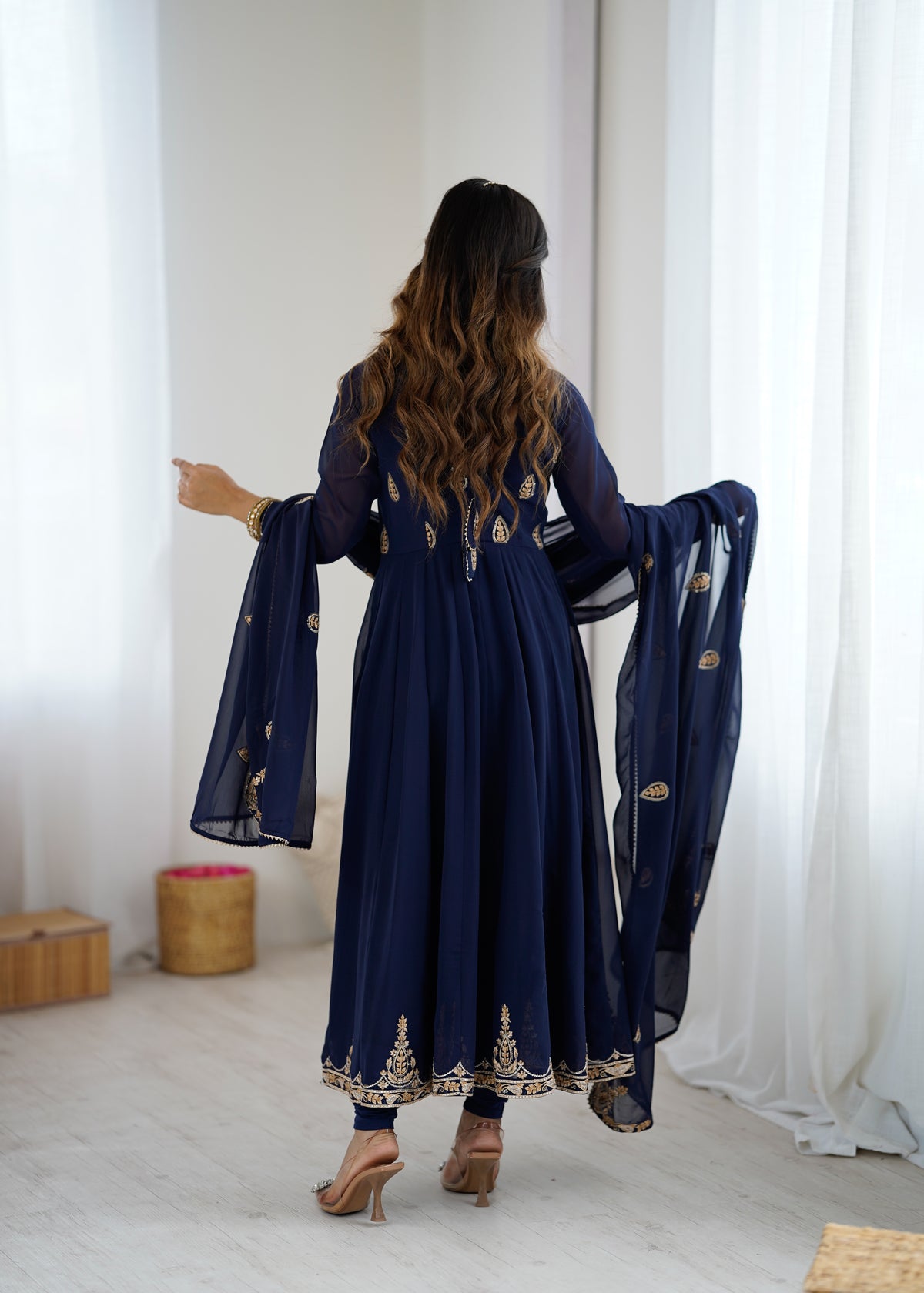 Navy Blue Anarkali Suit with Golden Embroidered Border and Dupatta