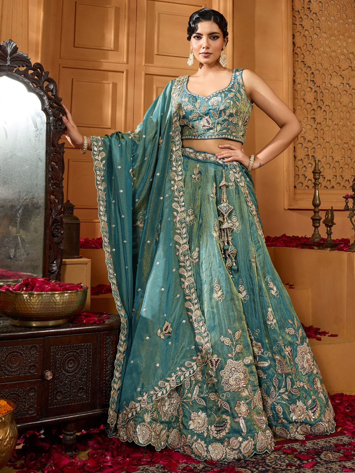 ROYAL TEAL BLUE EMBROIDERED LEHENGA SET