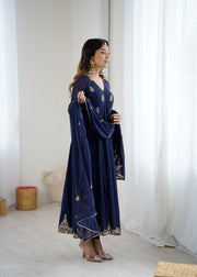 Navy Blue Anarkali Suit with Golden Embroidered Border and Dupatta