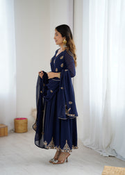Navy Blue Anarkali Suit with Golden Embroidered Border and Dupatta