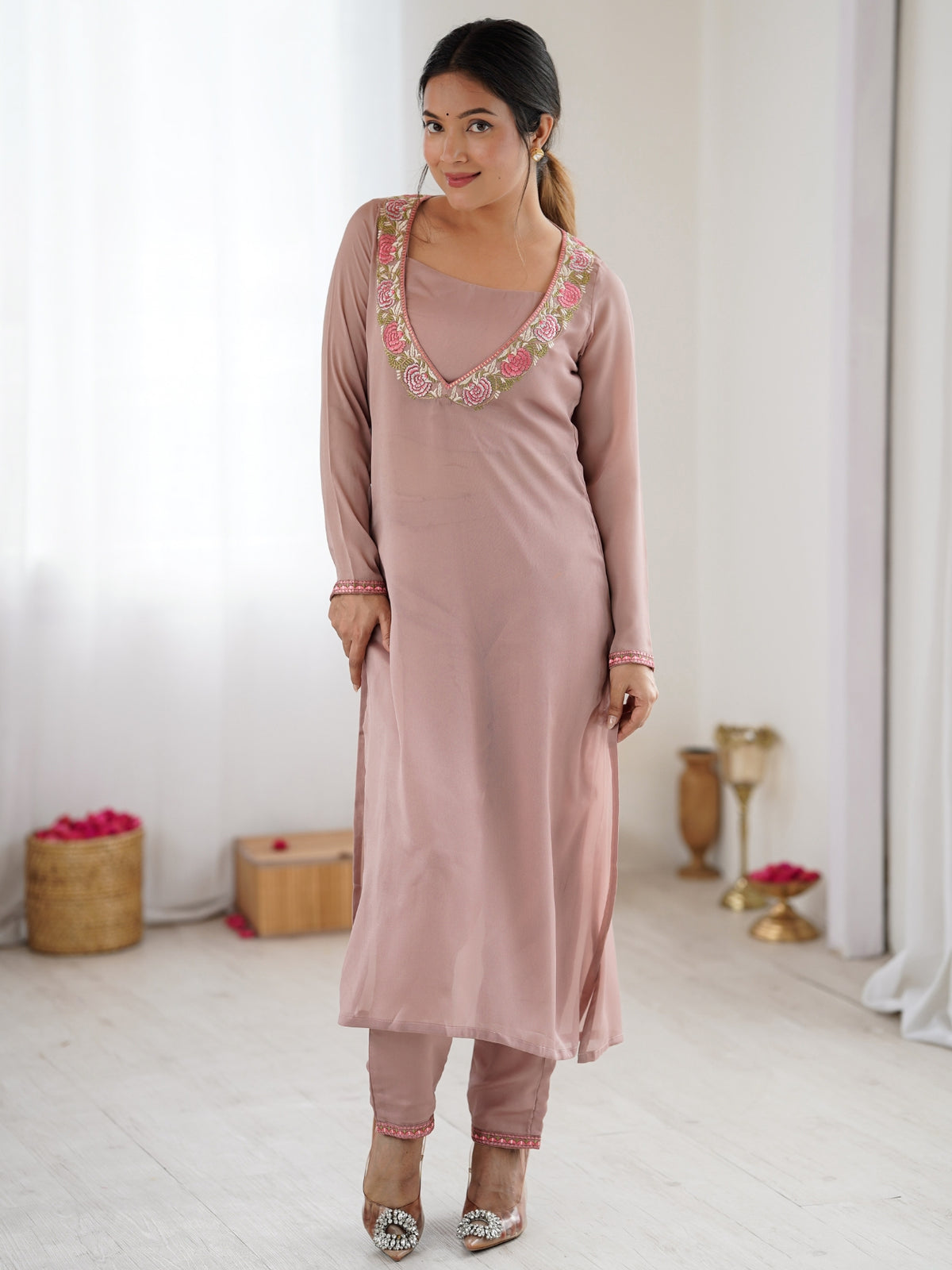 Dusty Pink Embroidered Straight Kurta Pant Set