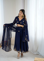 Navy Blue Anarkali Suit with Golden Embroidered Border and Dupatta