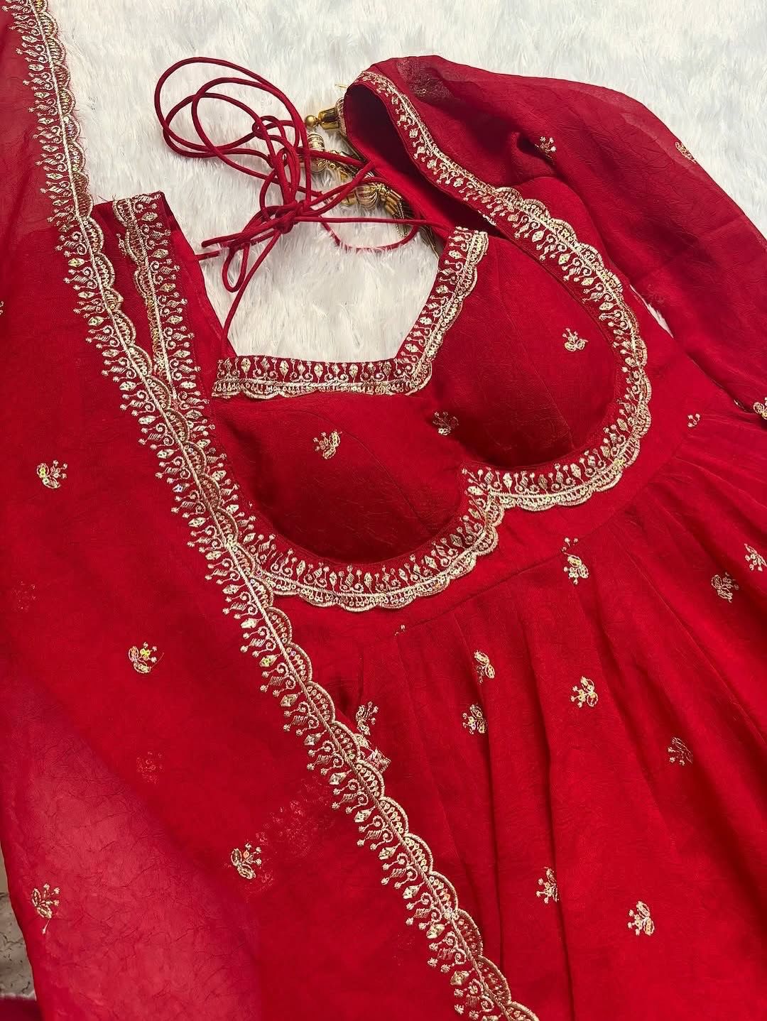 Red Chilli Slit Anarkali Premium Suit Set | Festive & Party Wear
