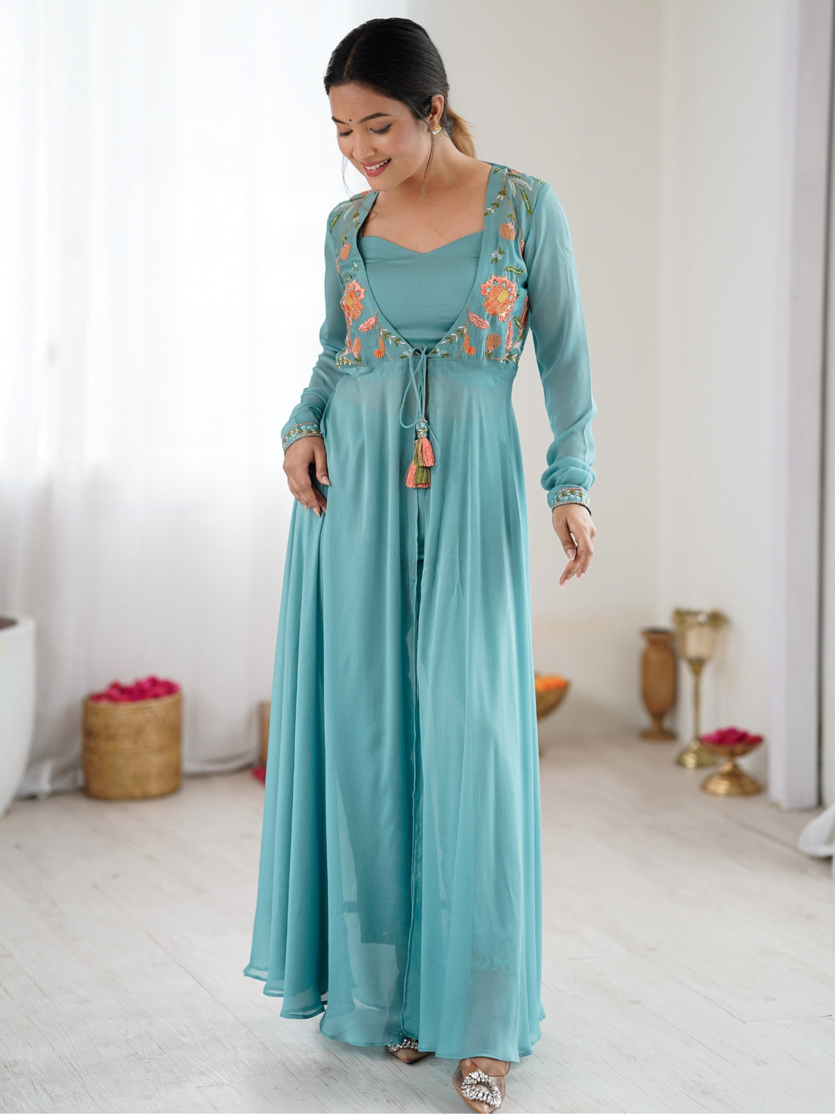 Teal Blue Embroidered Anarkali Gown with Tassel Detailing