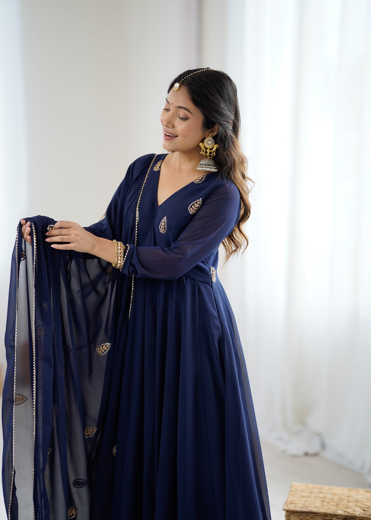 Navy Blue Anarkali Suit with Golden Embroidered Border and Dupatta