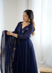 Navy Blue Anarkali Suit with Golden Embroidered Border and Dupatta
