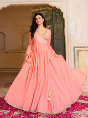 Peach Georgette Embroidered Anarkali Gown with Dupatta