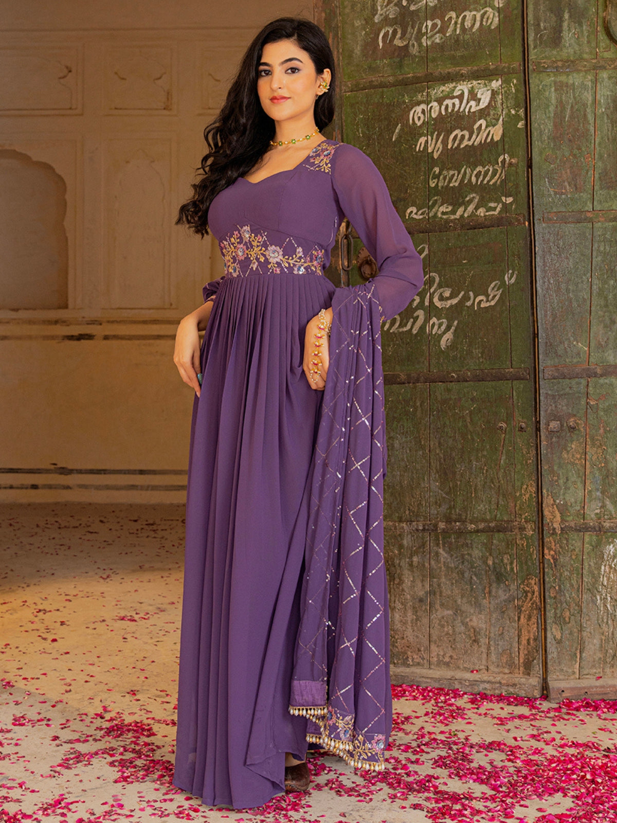Royal Purple Anarkali Gown with Floral Embroidery and Matching Dupatta