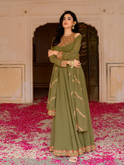Olive Green Georgette Embroidered Anarkali with Dupatta